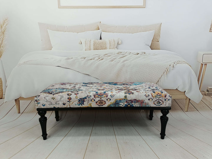 Easy To Clean Upholstered Bench, Oriental Printed Fabric Upholstered Ottoman Bench, Fabric Easy To Clean Bench, Storage bench, Farmhouse Bench