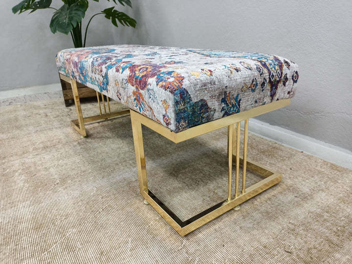 Library Reading Footstool Bench, Durable Wood Leg Bench, Easy To Clean Upholstered Bench, Handmade Wood Work Upholstered Ottoman Bench, Ottoman bench,