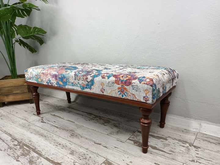 Turkish Kilim Pattern Ottoman Bench with Storage, Simple Sofa Solid Wood Bench, Fabric Upholstered Single Sofa, Farmhouse Bench, Dressing room bench