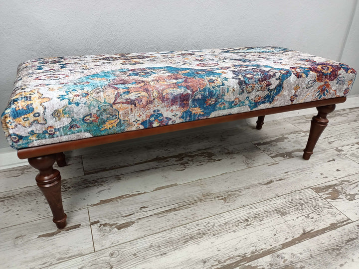 Eco Friendly Bench, Pet Friendly Upholstered Bench, Oriental Printed Fabric Upholstered Ottoman Bench, Modern Velvet Vanity Stool with Metal Legs