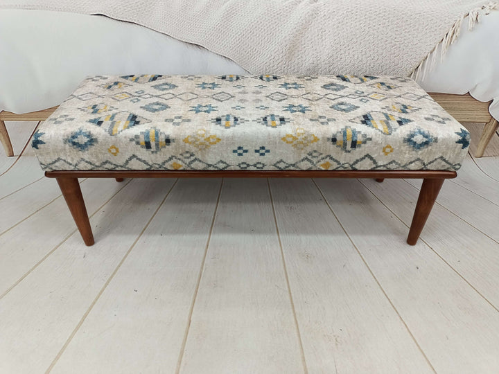 Turkish Motif Showy Livingroom Bench, Ottoman Velvet Upholstered Bench, Elegant Decor Bench With Brown Legs, Bedroom Relax Sitting Comfortable Bench