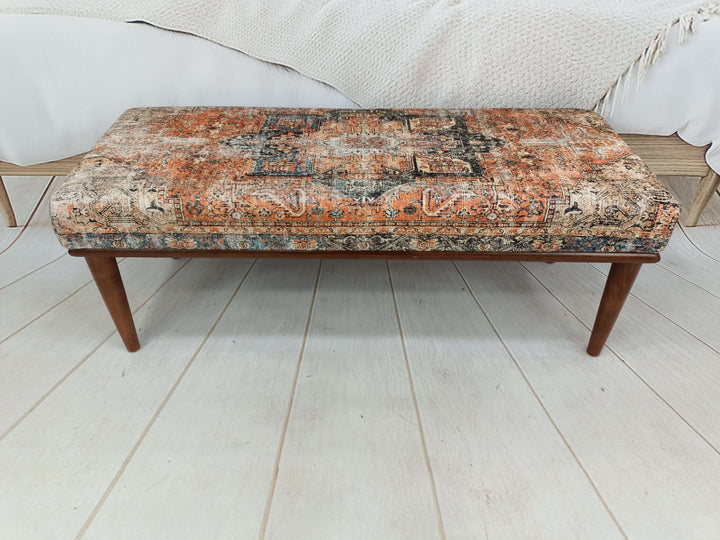 omfortable Sitting Bench, Wooden Rocking Bench With Oriental Legs Wooden Bench Soft Fabric Upholstery, Turkish Kilim Pattern Ottoman Bench with Storage, Upholstered Bench