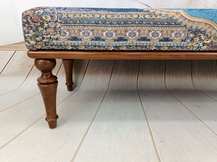 Nomadic Pattern Footstool Bench, Rustic Bench, Traditional Comfort Bench, Oriental Wooden Leg Bench, Eraseble Footstool Bench, Cushioned Bench, Sitting Bench