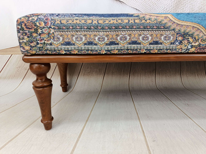 Comfortable Outdoor Reading Wooden Bench, Bench With Soft Fabric Upholstery, Woodworker Large Size Printed Bench, Close-up of Bohemian Pattern Bench