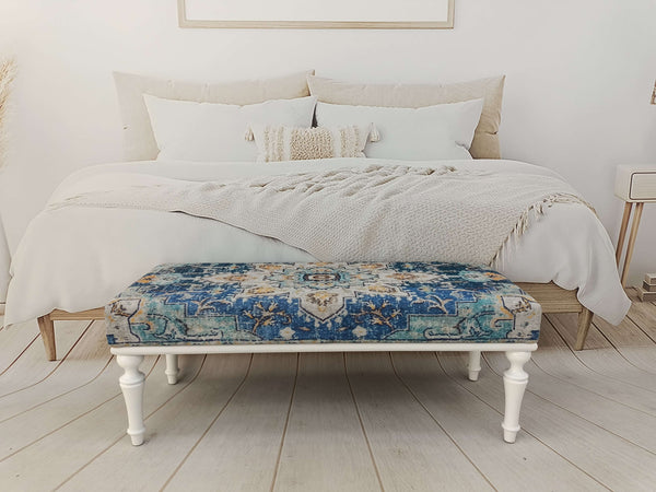 Bedroom End of Bed Vintage Ottoman Bench, Blue White Leg Bench, Bedroom Decor Bench, Wooden Leg Bench, Oriental Leg Walnut Footstool Bench