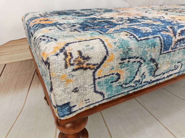 Handmade Wood Work Upholstered Ottoman Bench, Ottoman bench, Ottoman Upholstered with Printed Rug Handmade Bench, White Leg Bench, Bedroom Decor Bench