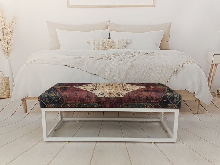 Footstool Comfort Bench, Oriental Legs Natural Wooden Decorative Bench, Designer Upholstered Ottoman Bench, Oriental Leg Walnut Footstool Bench