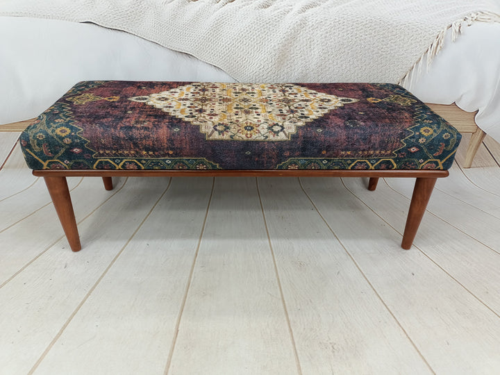 Turkish Pattern Dining Room Ottoman Bench, Durable Wood Leg Bench, Easy To Clean Upholstered Bench, Anatolian Upholstered Wooden Footstool Bench