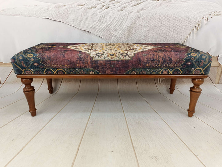 Bench with Printed Fabric, Natural Ottoman Bench With Classic Legs, Customizable Dining Room Velvet Bench, Vintage Pattern Upholstered Bench