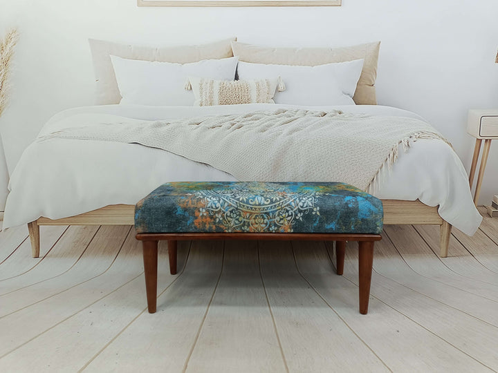 Detailed View Of Upholstered Bench Cushion, Oriental Legs Natural Wooden Decorative Bench, Stylish Bohemian Pattern Upholstered Bench