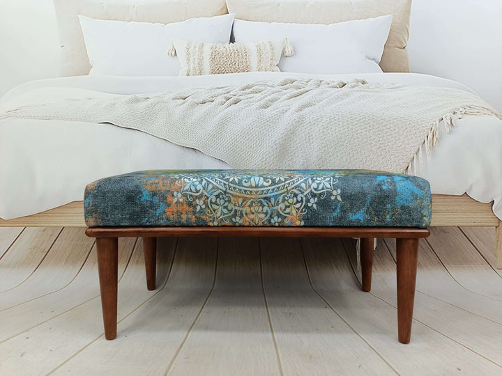 Classic Fabric Upholstered Entryway Bench Bedroom Bench with Rustic Wood Legs, Blue Velvet Fabric Upholstered Footstool Bench, Chic Comfort Bedroom Bench