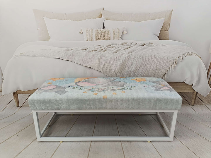 Modern Upholstered Bench in Bedroom, Stylish Bohemian Pattern Upholstered Bench, Natural Ottoman Footstool Bench With Classic Legs