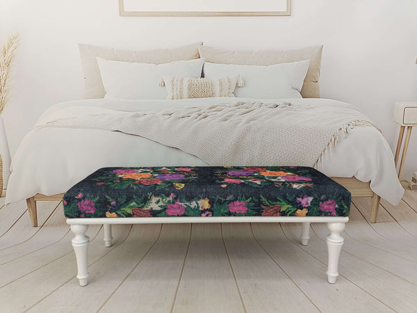 Floral End of Bed Upholstered Ottoman Bench, Wooden Leg Ottoman Bench with Small Stand, Classic Fabric Upholstered Entryway Bench Bedroom Bench with Rustic Wood Legs