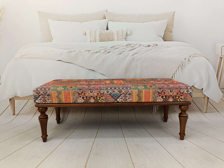 Kilim Pattern Dining Room Ottoman Bench, Easy To Clean Upholstered Bench, Oriental Leg Walnut Footstool Bench, Wooden Base Bench, Bedroom Relax Sitting Comfortable Bench