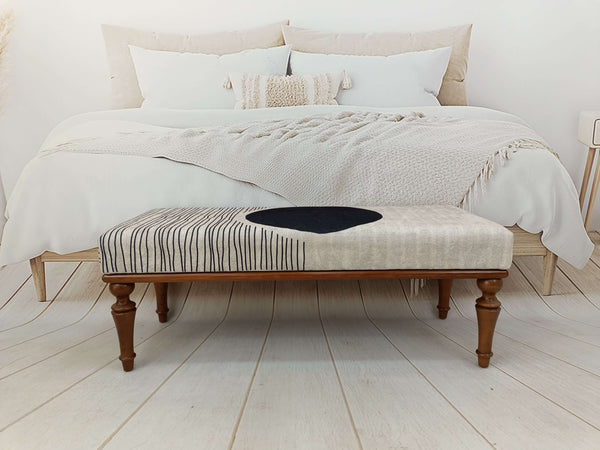 White Upholstered Bench for Bedroom, Anatolian Upholstered Wooden Footstool Bench, Nomadic Pattern Footstool Bench, Velvet Fabric Upholstered Bench