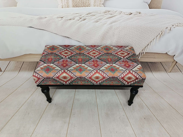 Vintage Pattern Upholstered Footstool Bench,  Conical Leg Upholstered Bench,  Elegant Reading Bench