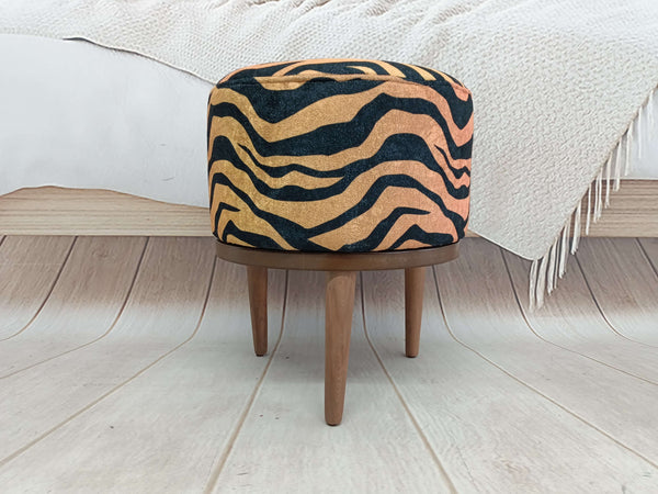Tiger Pattern Fabric Upholstered Step Stool Bench, Small Round Bench, Library Reading Step Stool, Circle Footstool Bench, Mountain House Bench, Cocosh Bench