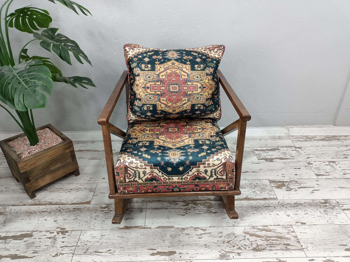 Premium Fabric Armchair Rocking Chairs, Comfortable Relax Rocking Chair, Patio Lounge Chair, Velvet Fabric Rocking Chair, Solid Wood High Back Chair