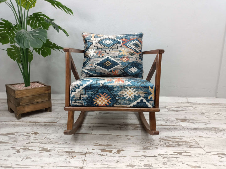 Conical Leg Upholstered Armchair, Quality Rocking Armchair, Livingroom Chic Weaving Velvet Rocking Armchair, Wooden Rocking Armchair With Oriental Legs