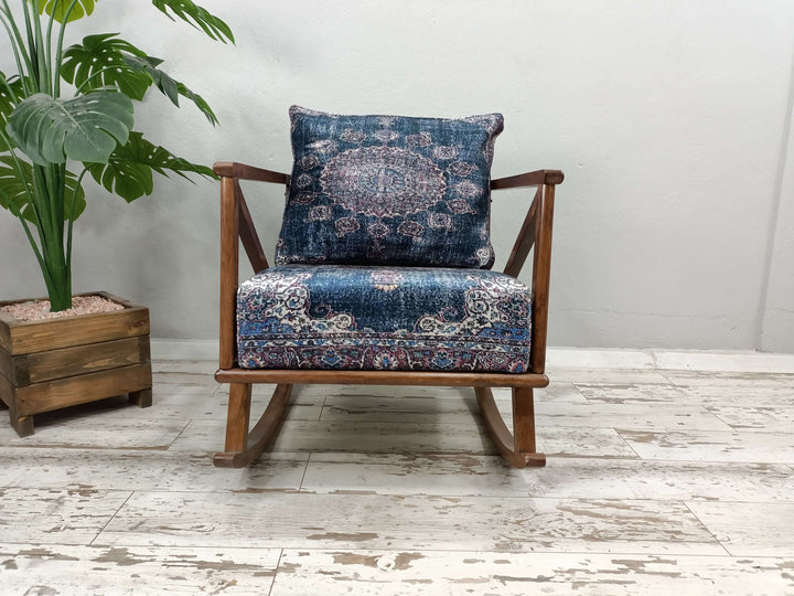 Oriental Upholstered Ottoman Rocking Armchair, Modern Accent Rocking Chair, Velvet Fabric Rocking Chair, Breastfeeding Armchair, Chair with Arms