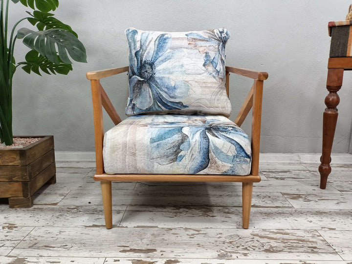 Walnut Wood Leg Velvet Upholstered Armchair, Ottoman Armchair With Oriental Legs, Livingroom Cushioned Sitting Armchair, Eco Friendly Rocking Armchair