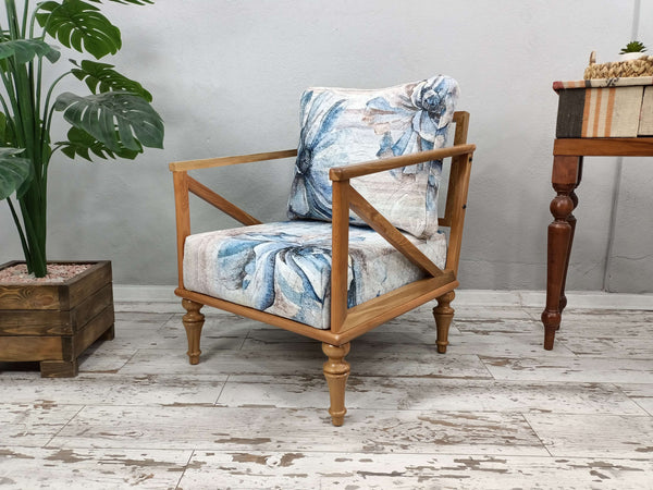 Tropical Blue Floral Armchair, Comfortable Home Library Armchair, Walnut Wood Leg Velvet Upholstered Armchair, Ottoman Armchair With Oriental Legs, Livingroom Cushioned Sitting Armchair