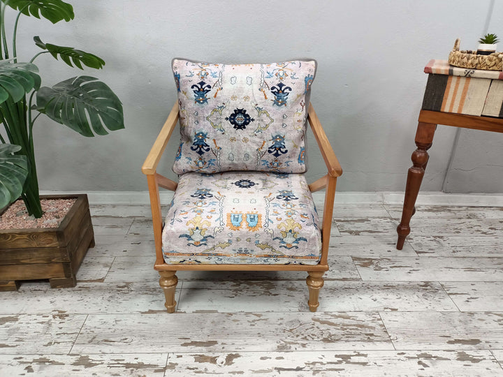 Movie To Watch Comfort Armchair, Oriental Legs Natural Wooden Decorative Armchair, Designer Upholstered Ottoman Armchair, Oriental Leg Walnut Armchair