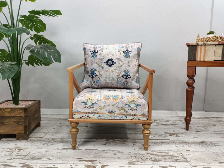 Modern Upholstered Armchair in Bedroom, Stylish Bohemian Pattern Upholstered Chair, High Quality Wooden And Upholstered Armchair, Armchair with Printed Fabric