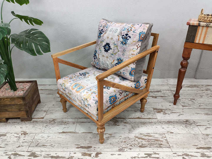 Stylish Bohemian Pattern Upholstered Chair, High Quality Wooden And Upholstered Armchair, Armchair with Printed Fabric, Rectangular Shoe Changing Armchair
