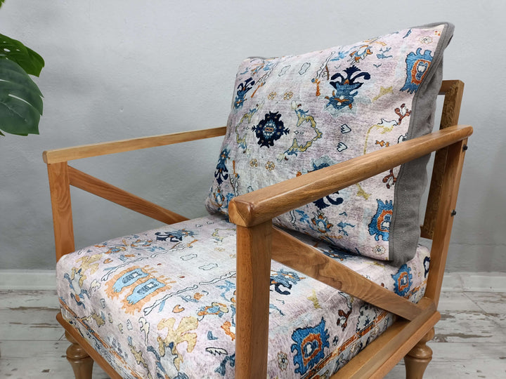 Armchair with Printed Fabric, Stylish Bohemian Pattern Upholstered Chair, Qality Fabric Rocking Armchair, Wooden Leg Ottoman Armchair with Small Stand
