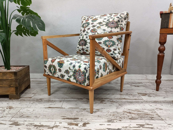 Handcrafted Armchair, Upholstered Armchair, Armchair with Oriental Leg, Outdoor Decor Wood Armchair, Natural Wooden Armchair, Conical Leg Upholstered Armchair