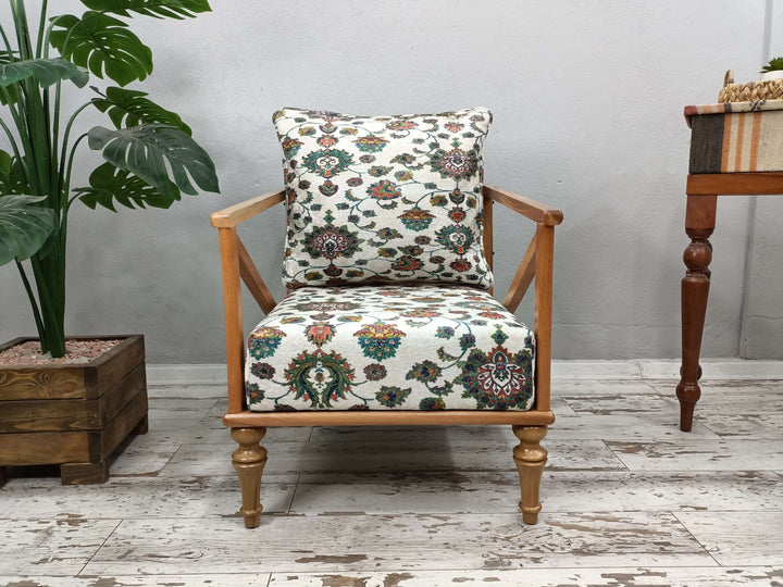 Stylish Bohemian Pattern Upholstered Chair, High Quality Wooden And Upholstered Armchair, Wooden Step Stool Armchair, Bed Step Armchair for Adults