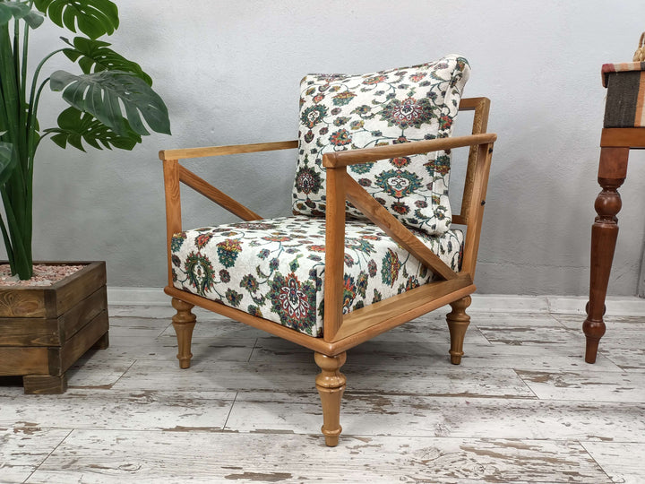 Customizable Dining Room Velvet Archair, Stylish Bohemian Pattern Upholstered Chair, Modern Upholstered Armchair in Bedroom, Rectangular Ottoman Armchair