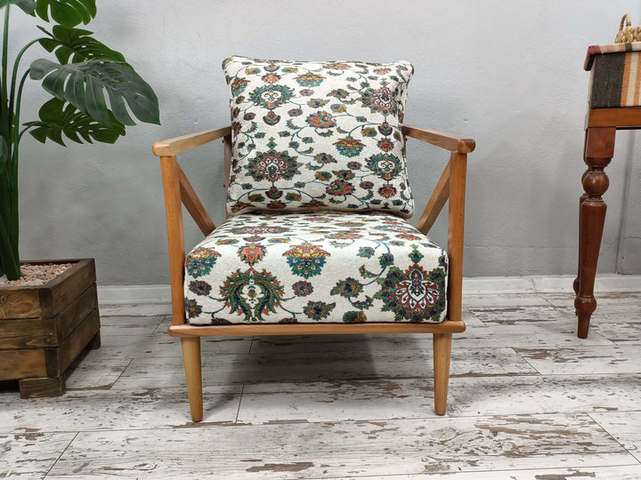 Armchair with Oriental Leg, Outdoor Decor Wood Armchair, Natural Wooden Armchair, Conical Leg Upholstered Armchair, High Quality Wooden And Upholstered Armchair