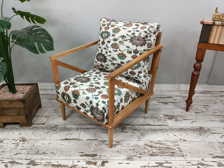 Outdoor Decor Wood Armchair, Natural Wooden Armchair, Conical Leg Upholstered Armchair, Wooden Single Step Stool Armchair for Bathroom