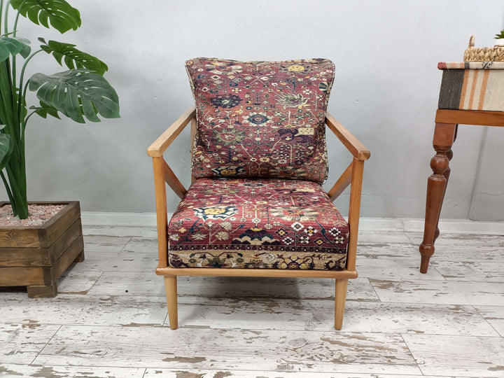 Ottoman Upholstered with Printed Rug Handmade Armchair, Farmhouse Armchair, Dressing room Armchair, Wooden Leg Rocking Armchair