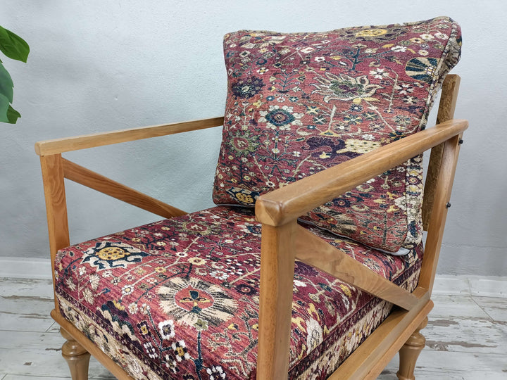 comfort armchair, Gothic Armchair, Large Armchair, Library Armchair, Living room chair, Reading Armchair, sitting chair, Turkish Kilim Pattern Ottoman Armchair with Storage