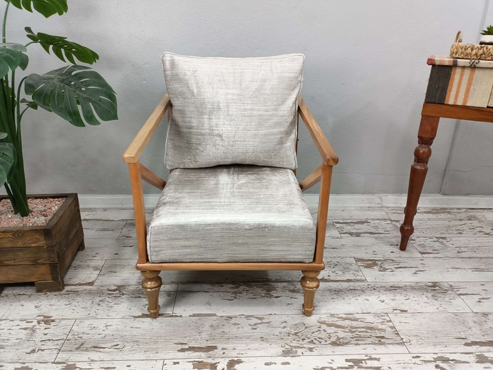 Natural Wooden Sitting Armchair, New House Eentrance Hall Couch, Diningroom Armchair, Stylish Bohemian Pattern Upholstered Chair, Mountain House Armchair