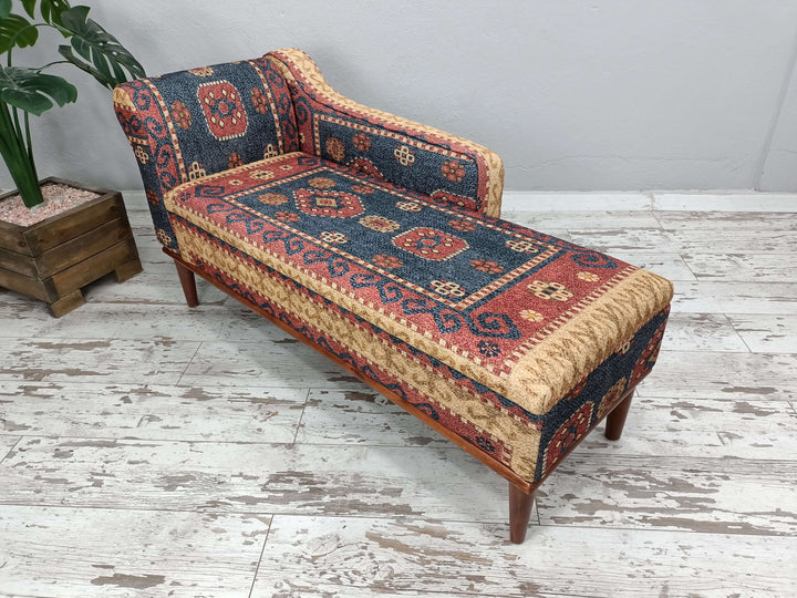 Anatolian Pattern Chaise Lounge, Upholstered Ottoman Chaise Lounge, Living room Chaise Lounge, Conical Leg Upholstered Chaise Lounge, Farmhouse Decor Chaise Lounge