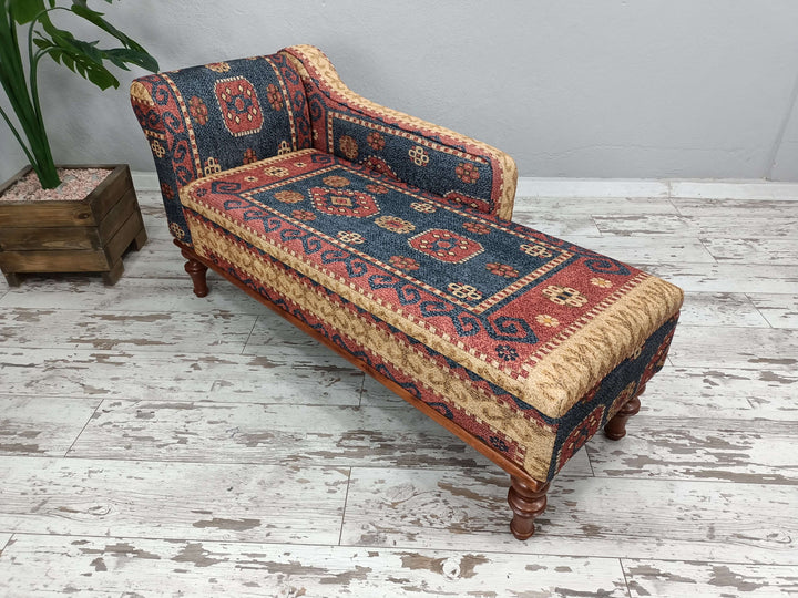 Rocking Chaise Lounge With Soft Fabric Upholstery, Woodworker Large Size Printed Chaise Lounge, Vintage Pattern Upholstered Rocking Chaise Lounge