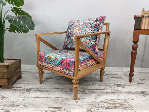 Medallion Pink Velvet Natural Wooden Armchair, Natural Wood Accent Garden Decorative Armchair, Elegant Design Comfort Armchair, Bohemian Velvet Armchair