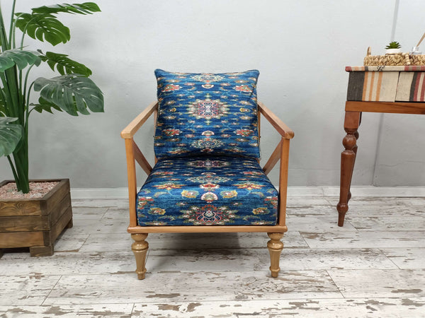 Blue Upholstered Luxury Reading Armchair with Oriental Legs, Vintage Ottoman Chair At Bedroom, Kilim Pattern Velvet Wooden Armchair, Eraseble Upholstered Ottoman Armchair