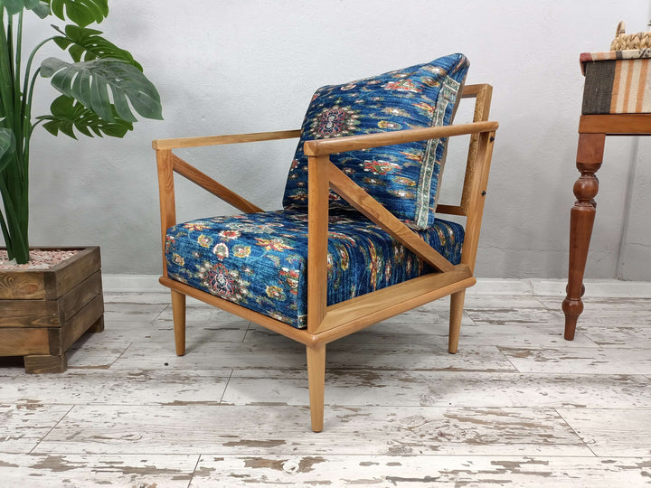 Kilim Pattern Velvet Wooden Armchair, Eraseble Upholstered Ottoman Armchair, Pet Friendly Upholstered Armchair, Balcony Nap Chair