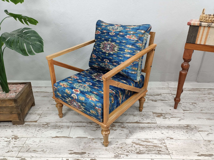Blue Upholstered Luxury Reading Armchair with Oriental Legs, Vintage Ottoman Chair At Bedroom, Kilim Pattern Velvet Wooden Armchair, Eraseble Upholstered Ottoman Armchair