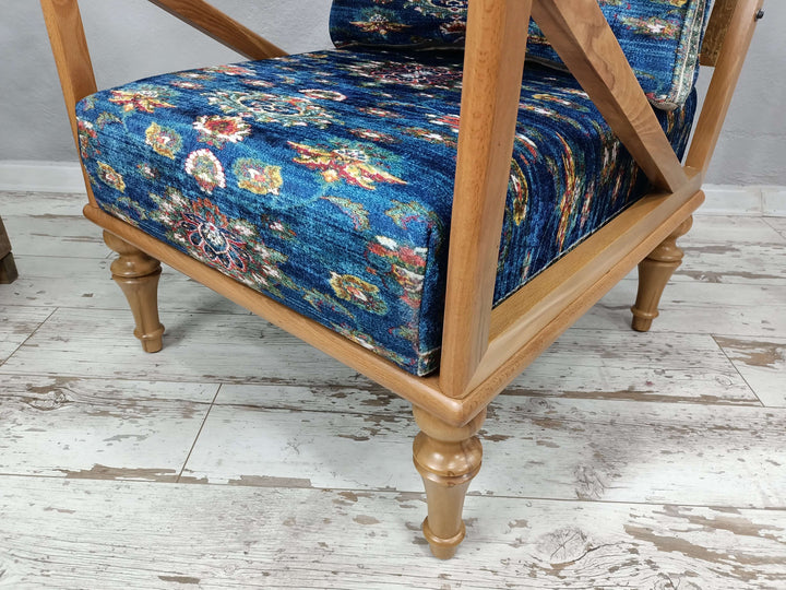Comfortable & Stylish Chair for Home, Blue Upholstered Luxury Reading Armchair with Oriental Legs, Vintage Ottoman Chair At Bedroom, Kilim Pattern Velvet Wooden Armchai