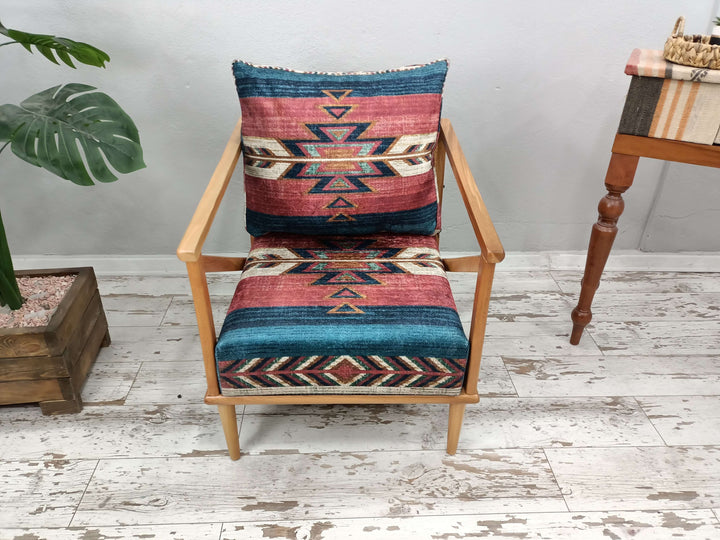 Small Relaxing Chair for Kids Room, Reading Lounge Chair, Living Room Furniture, Velvet Fabric Covered Chair, Rocking Chair with Lumbar Pillow, High Back and Walnut Wood Rocking Chair