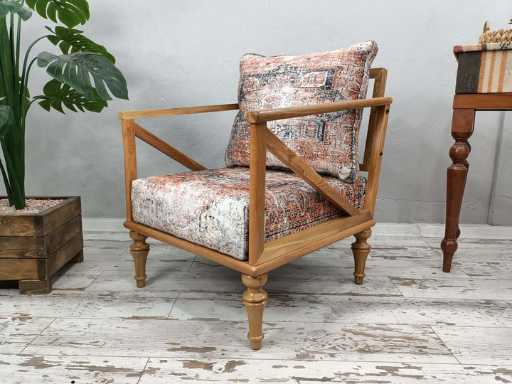 Natural Wood Ottoman Armchair İn Entryway, Turkish Rug Pattern Upholstered Armchair, Bohemian Contemporary Special Decor Armchair, Ottoman Armchair With Wood Color Finish