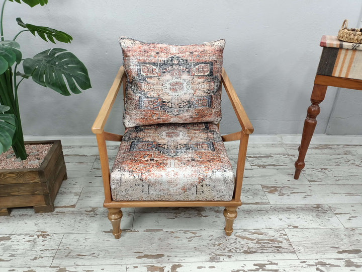Velvet Fabric Covered Chair, Rocking Chair with Lumbar Pillow, High Back and Walnut Wood Rocking Chair, Handmade Walnut Wooden Rocking Armchair