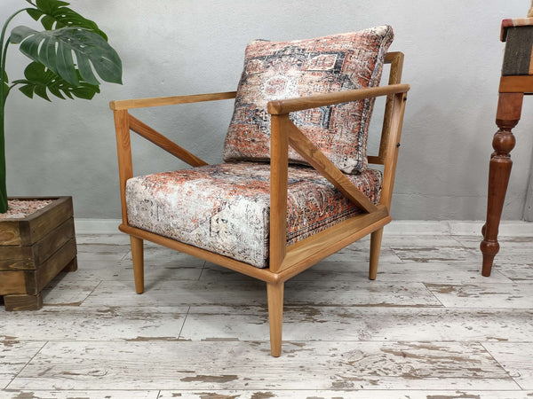 Garden Elegant Large Wood And Upholstered Armchair, Natural Wood Ottoman Armchair İn Entryway, Turkish Rug Pattern Upholstered Armchair, Bohemian Contemporary Special Decor Armchair