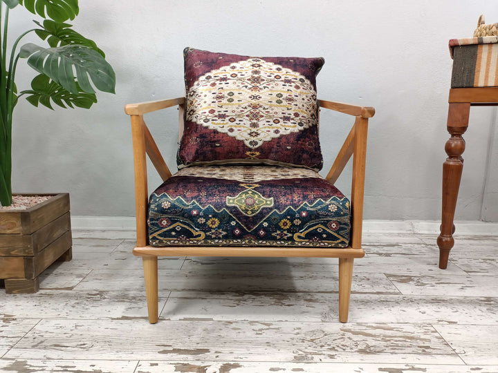 Comfortable Relax Rocking Armchair, Wooden Upholstered Armchair With Natural Legs, Wooden Upholstered Armchair With Natural Legs, Special Bohemian Upholstered Velvet Armchair